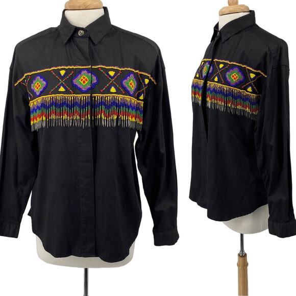 Vintage Western Shirt Cotton Button Down Front Beaded Fringe Black Womens Medium - Picture 1 of 11